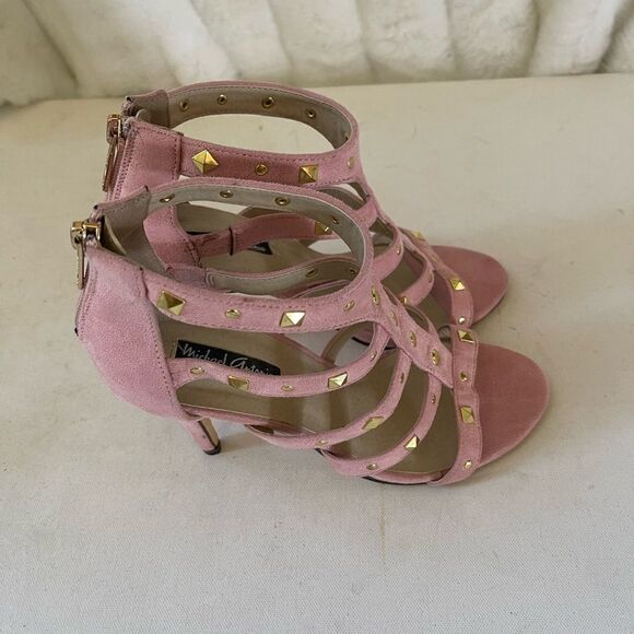 Michael Antonio light pink faux suede gladiator heels with gold tone studs SZ8 - Picture 4 of 13